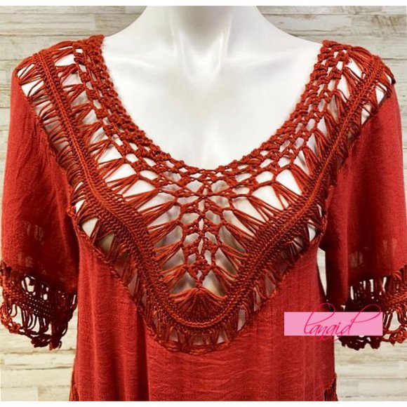 Vivid Importers Fringe Cover-Up Tunic Rust Off-The-Shoulder Crochet Cut-Outs M - Picture 4 of 9